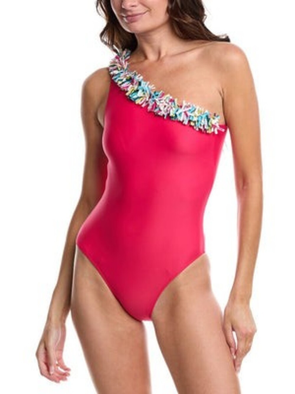 Summersalt One-Shoulder Hot Pink Swimsuit with Multicolor Fringe